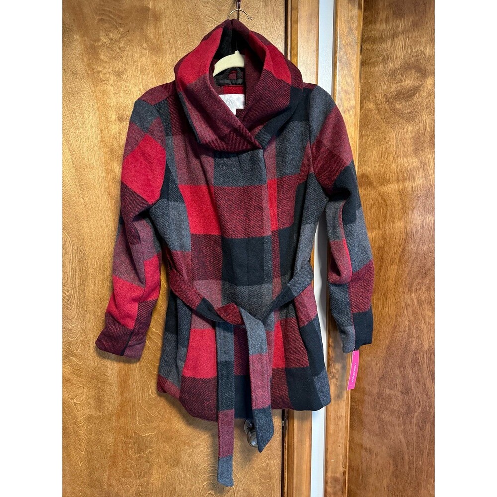 Xhilaration Wool Blend Plaid Tie Waist Coat Sz. Large NWT